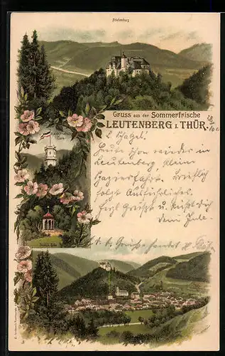 Lithographie Leutenberg i. Thür., Ortsansicht, Friedensburg, Sizzo`s Höhe