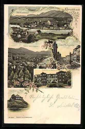 Lithographie Tölz, Blick vom Kalvarienberg, Untere Marktstrasse und Kurhotel mit Kurhaus