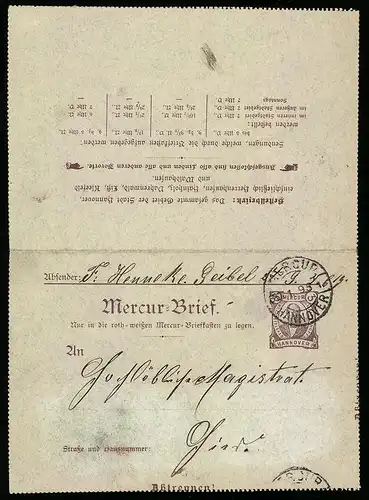 Klapp-AK Private Stadtpost Hannover Mercur-Brief, 1895