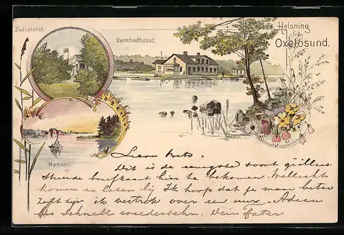 Lithographie Oxelösund, Varmbadhuset, Badhotellet, Hamnen