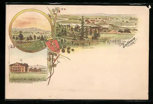 Lithographie Gellivare, Gesamtansicht, Dundret, Wappen, Grand Hotell