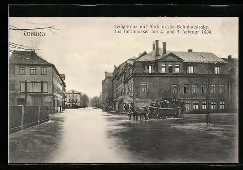 AK Coburg, Hochwasser 1909, Heiligkreuz mit Blick in die Bahnhofstrasse