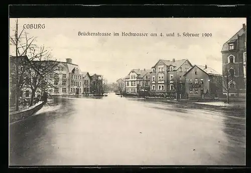 AK Coburg, Überschwemmte Brückenstrasse im Hochwasser 1909