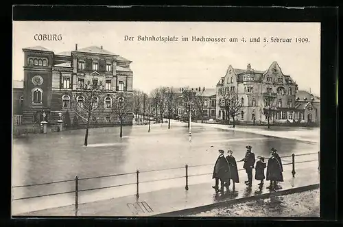 AK Coburg, Der Bahnhofsplatz im Hochwasser am 4. und 5. Februar 1909, Hochwasser