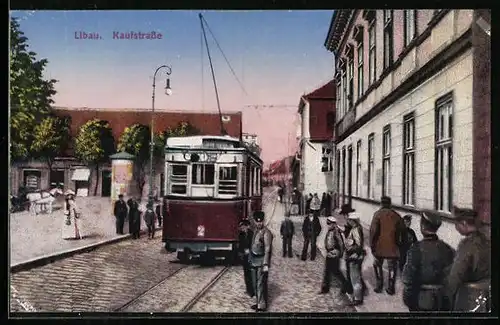 AK Libau, Kaufstrasse mit Strassenbahn