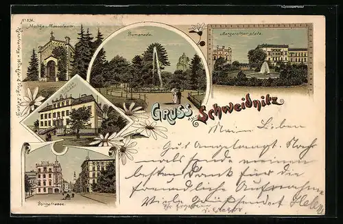 Lithographie Schweidnitz, Molke Mauoleum, Promenade, Margarethenplatz, Schloss Kreisau