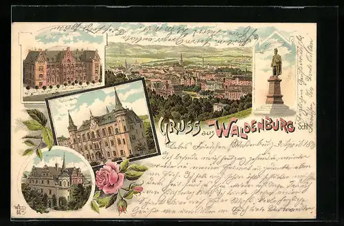 Lithographie Waldenburg, Gesamtansicht, Gymnasium, Kaiser Wilhelm Denkmal, Rathhaus, Schloss