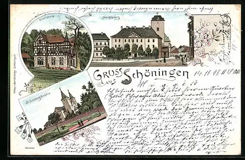 Lithographie Schöningen, Marktplatz Elmhaus, St. Lorenzkirche