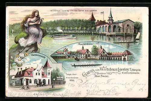 Lithographie Berlin-Niederschöneweide, Wirtshaus Loreley Max Fricke mit Spree und Strasse