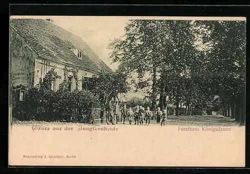 AK Berlin, Forsthaus Königsdamm in der Jungfernheide mit Allee und Kindergruppe