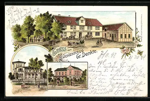 Lithographie Gr. Denkte, Gasthof zum Büchenkrug mit Garten, weitere Gasthäuser