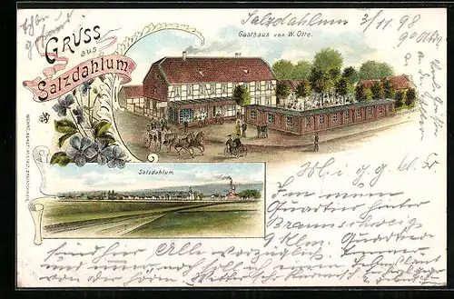 Lithographie Salzdahlum, Ortspanorama, Gasthaus W. Otte mit Strasse und Garten