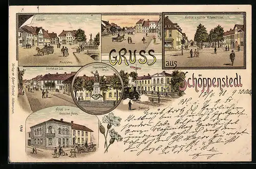 Lithographie Schöppenstedt, Gasthof zum Zoll, Hotel zum deutschen Haus, Bahnhof, Marktplatz mit Stadtkeller