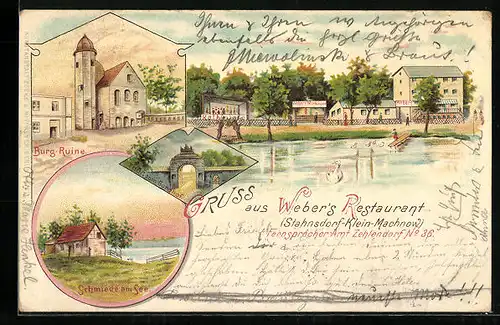 Lithographie Klein-Machnow, Burg-Ruine, Schmiede am See, Webers Restaurant vom Wasser gesehen