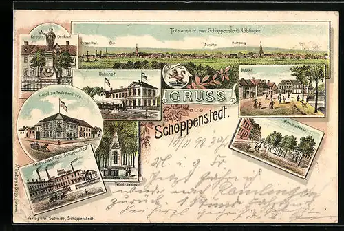 Lithographie Schöppenstedt, Totalansicht Küblingen, Bahnhof, Zuckerfabrik, Hotel zum deutschen Haus