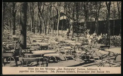 AK Berlin-Pankow, Gasthaus Zum Pankgrafen Hermann Reinhold in der Schlossstrasse 6, Gartenansicht