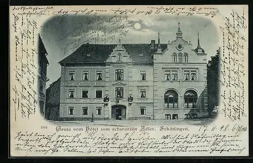 Mondschein-AK Schöningen, Hotel zum schwarzen Adler, Gebäudeansicht