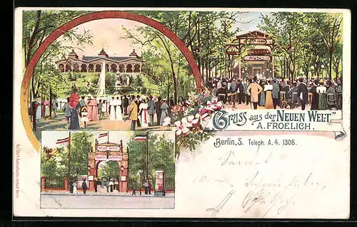 Lithographie Berlin-Neukölln, Gasthaus Neue Welt A. Froelich