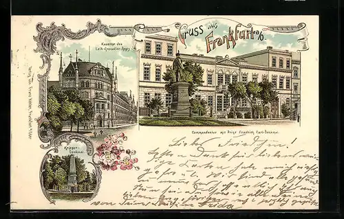 Lithographie Frankfurt a. O., Kaserne des Leib-Grenadier-Regts., Krieger-Denkmal