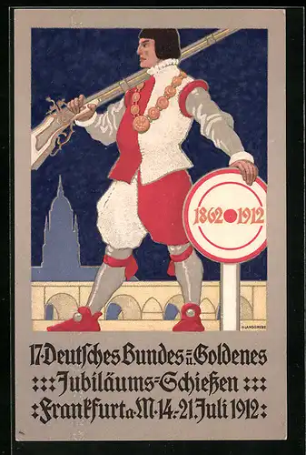 AK Frankfurt a. M., Deutsches Bundes-Jubiläums-Schiessen 1912, Schütze mit Schiessscheibe