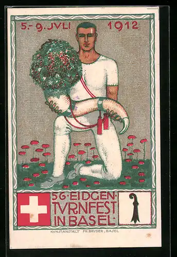 AK Basel, Turnfest 1912, Turner mit Blumen-Füllhorn, Schweizer Kreuz