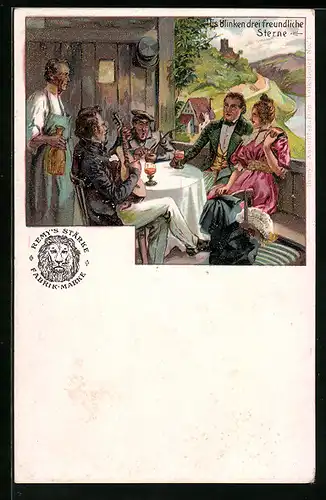 Lithographie Reklame Remys Stärke Fabrik-Marke, Gesellschaft beim Wein