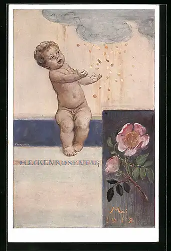 AK München, Heckenrosentag 1912, Baby mit Geldregen, Heckenrose