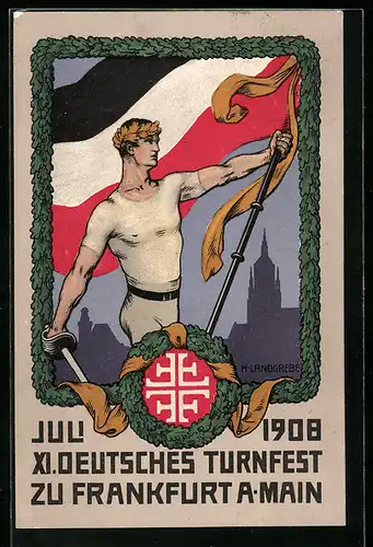 AK Frankfurt /Main, Turnfest 1908, Turner mit deutscher Flagge vor Stadt-Silhouette