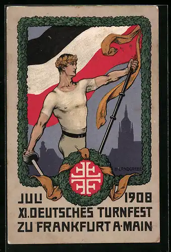 AK Frankfurt /Main, Turnfest 1908, Turner mit deutscher Flagge vor Stadtpanorama