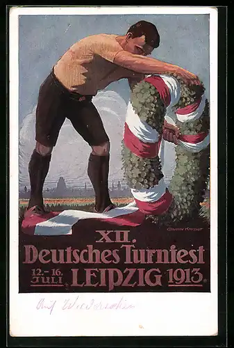AK Leipzig, Turnfest 1913, Binden des Festkranzes vor der Silhouette der Stadt