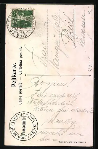 AK Bern, Schützenfest 1910, Schützen mit Trommler vor der Stadt, Wappen