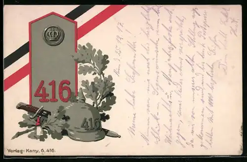 AK Helm und Messer mit Eichenlaub und Patriotik, 416. Regiment