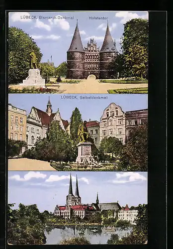 AK Lübeck, Holstentor mit Bismarck-Denkmal, Geibeldenkmal, Uferpartie mit Kirche