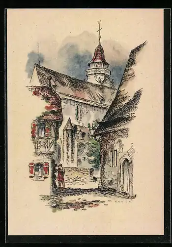 Künstler-AK Leonberg, Blick auf die Kirche