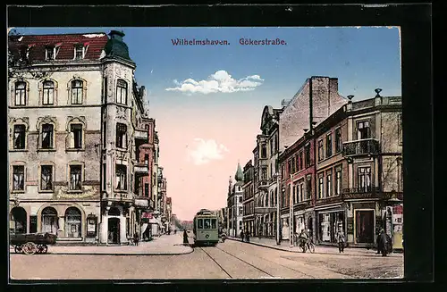 AK Wilhelmshaven, Gökerstrasse mit Geschäften und Strassenbahn