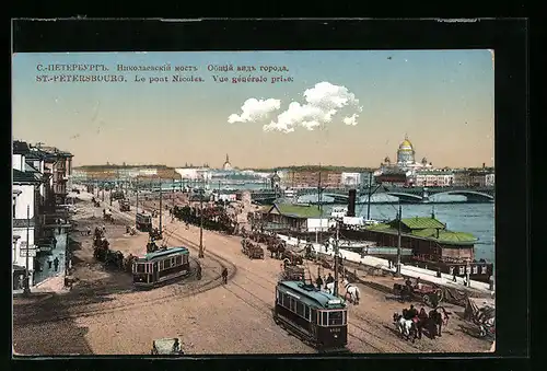AK St.-Pétersbourg, Le pont Nicolas, Vue générale prise, Strassenbahn