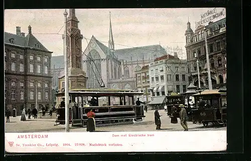AK Amsterdam, Dam met Electrische Tram, Strassenbahn