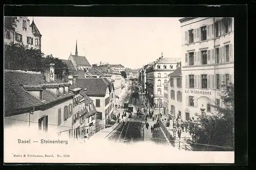 AK Basel, Strasse am Steinenberg mit Geschäftshaus A. C. Widemanns und Strassenbahn