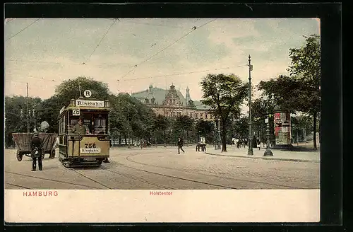 AK Hamburg, Strasse am Holstentor mit Litfasssäule und Strassenbahn