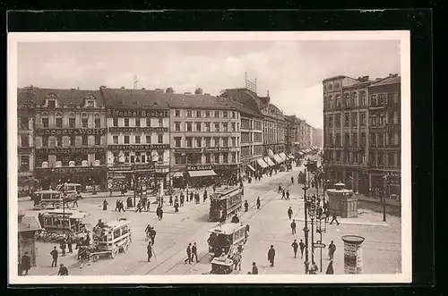AK Berlin, Moritzplatz mit Geschäften und Strassenbahn