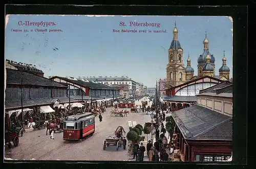 AK St. Pétersbourg, Rue Sadovaja avec le marché, Strassenbahn