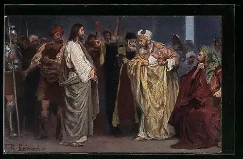 AK Jesus vor dem Hohepriester Kaiphas
