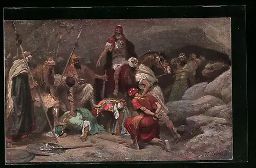 Künstler-AK Bilder aus dem Alten Testament, Josua fängt 5 Könige in der Höhle zu Makkeda