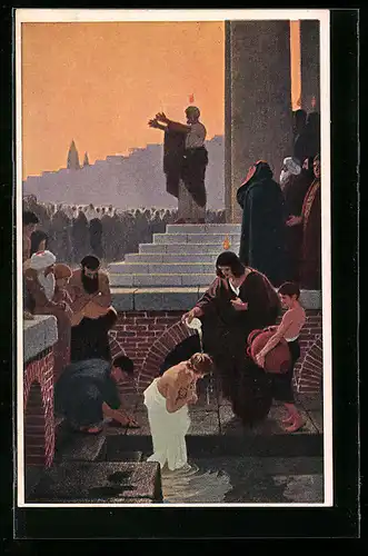 Künstler-AK Gläubige bei der Pfingstpredigt