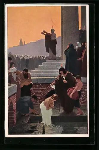 Künstler-AK Gläubige bei der Pfingspredigt