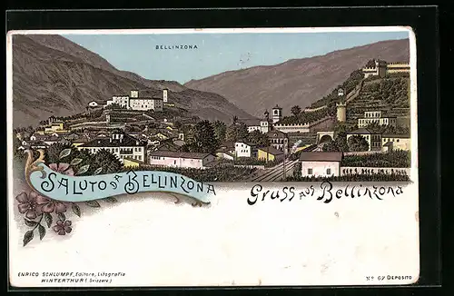 Lithographie Bellinzona, Gesamtansicht des Bergortes