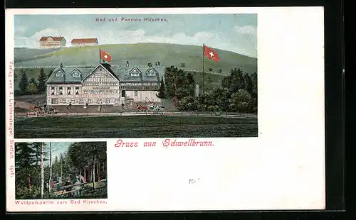 Lithographie Schwellbrunn, Waldparkpartie mit Bad und Pension Hirschen