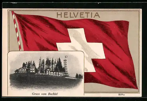 Präge-AK Bachtel, Gasthaus Bachtel mit Aussichtsturm, Schweizer Flagge, HELVETIA