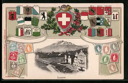 Präge-AK Luzern, Teilansicht der Stadt, Wappen der Kantone