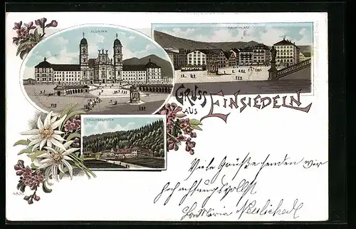 Lithographie Einsiedeln, Kloster, Hauptplatz, Frauenkloster
